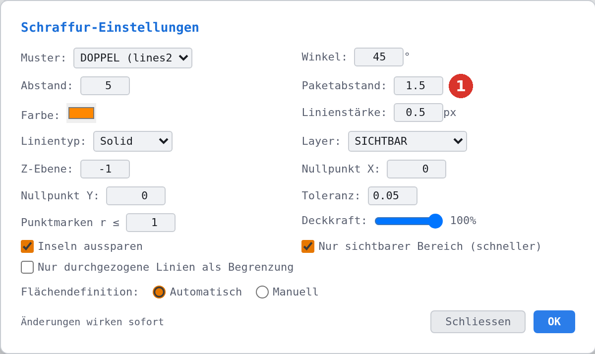 Muster DOPPEL gewählt: die Zeile «Paketabstand:» (1) ist eingeblendet.