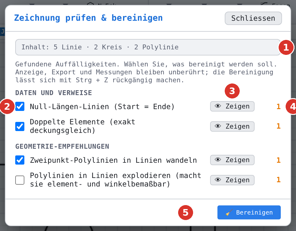 Der Dialog mit Fundarten und (5) «Bereinigen»