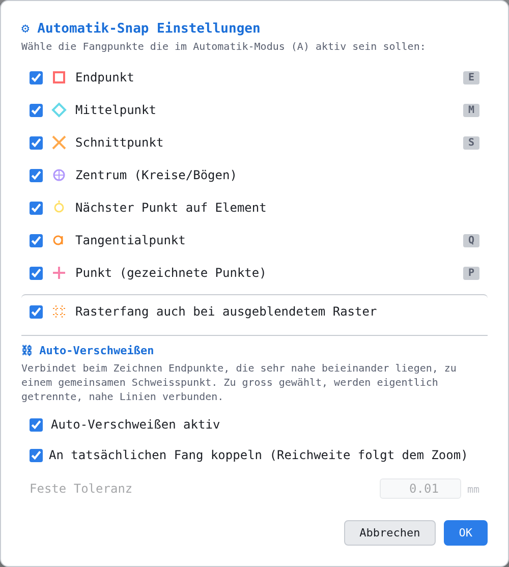Der Dialog «Automatik-Snap Einstellungen» mit den sieben Fangarten, dem Rasterfang-Haken und dem Auto-Verschweissen