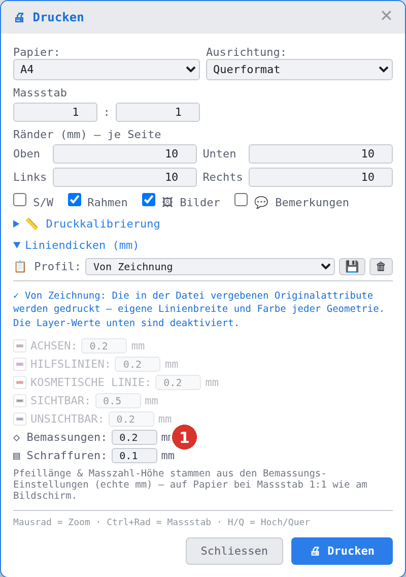 Druckdialog, Bereich «Liniendicken (mm)»: (1) Zeile «Bemassungen»