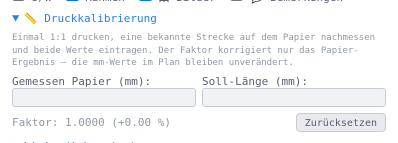 Druckkalibrierung mit Faktor und «Zurücksetzen»