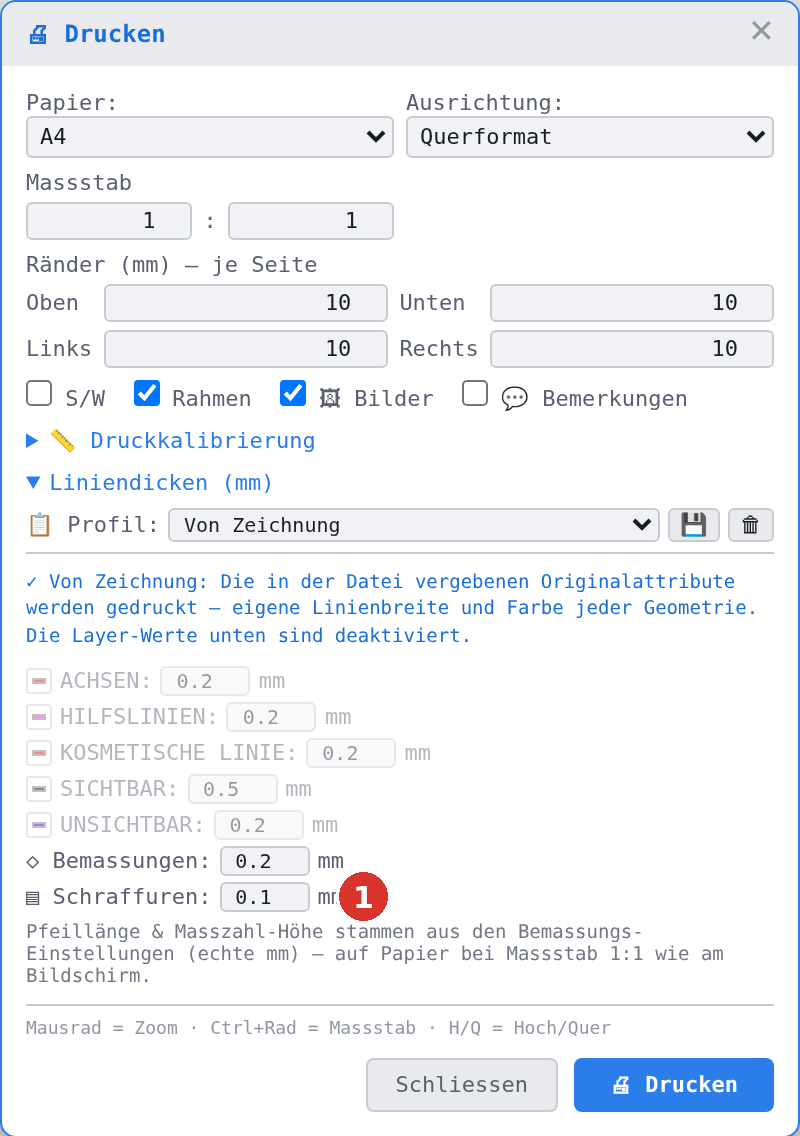 Druckdialog mit aufgeklapptem Abschnitt «Liniendicken (mm)»; Zeile «Schraffuren:» (1)