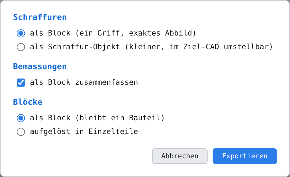 «DXF-Optionen» mit dem Abschnitt «Blöcke»