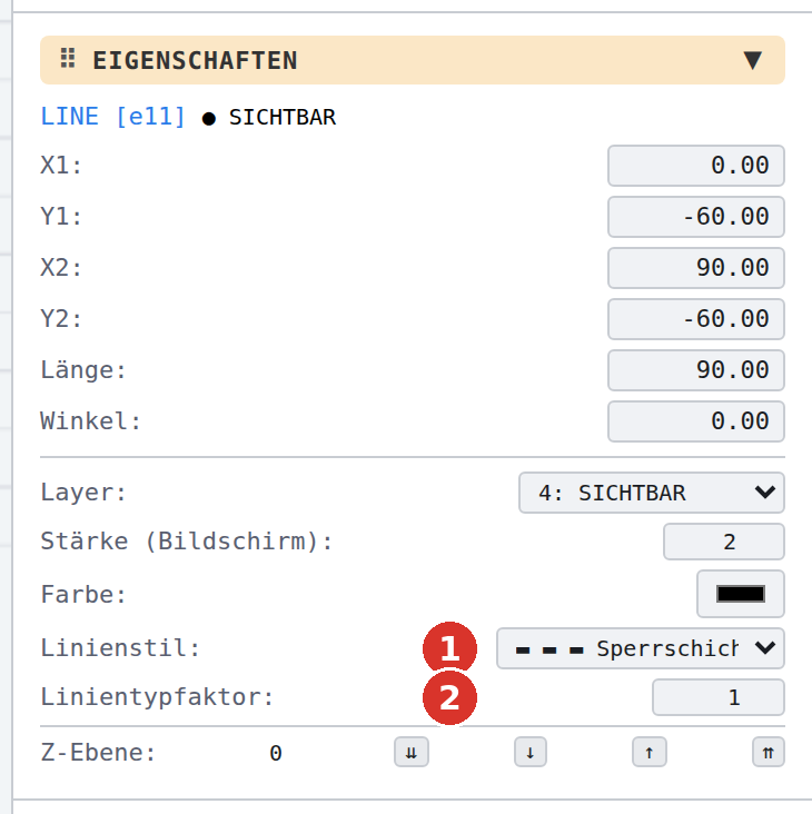 Element mit Linienstil «Sperrschicht»: (1) Linienstil, (2) Linientypfaktor