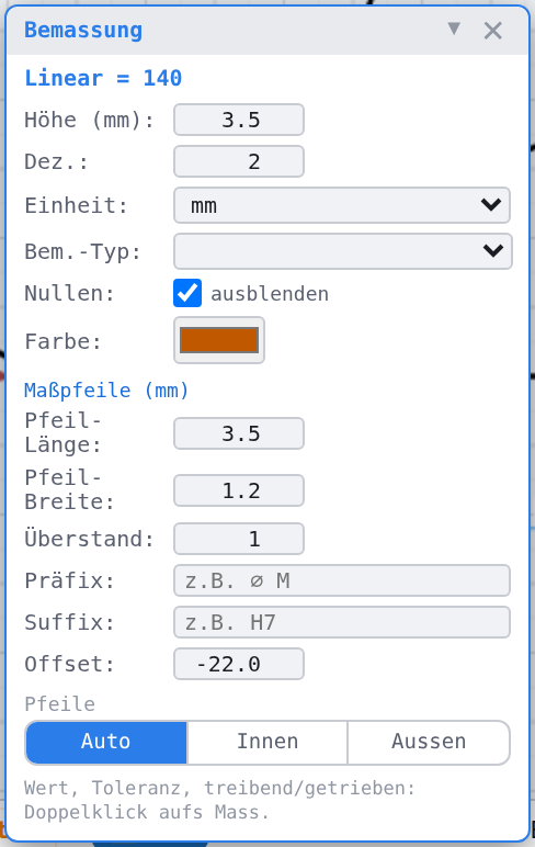 Attribute-Panel eines Längenmasses: Typ und Wert, Höhe, Dezimalstellen, Einheit, Bemassungstyp, Nullen, Farbe, Pfeilmasse, Präfix, Suffix, Offset und die Pfeillage