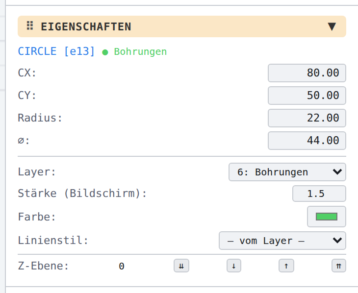 Ein Kreis: CX, CY, Radius, Durchmesser