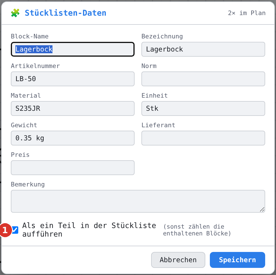 «Stücklisten-Daten»; (1) «Als ein Teil in der Stückliste aufführen»