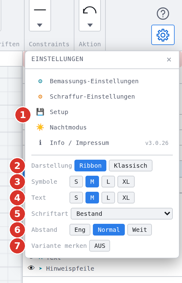 Das Zahnrad-Fenster im Menüband: (1) die fünf Funktionen, (2) Darstellung, (3) Symbole, (4) Text, (5) Schriftart, (6) Abstand, (7) Variante merken