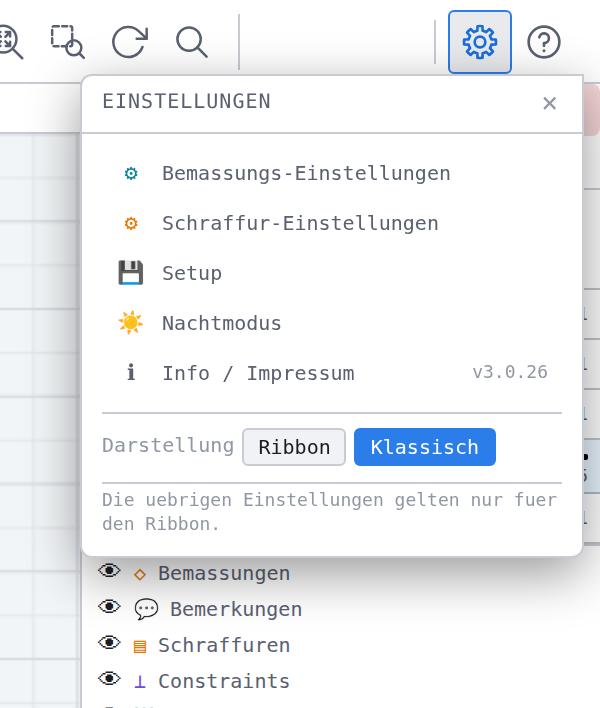 Dasselbe Fenster in der klassischen Leiste: nur «Darstellung», darunter der Hinweis