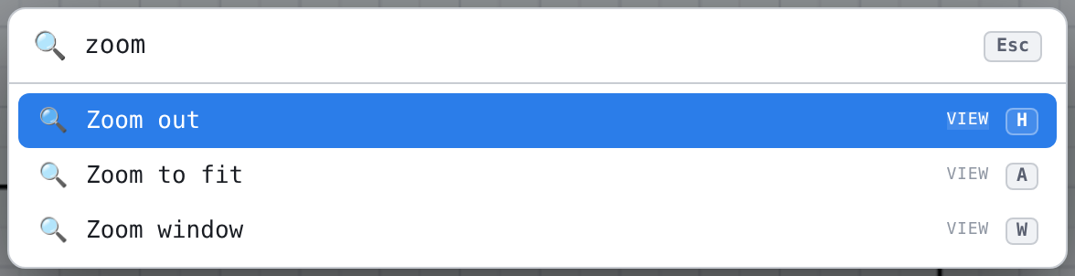The command search after typing «zoom»