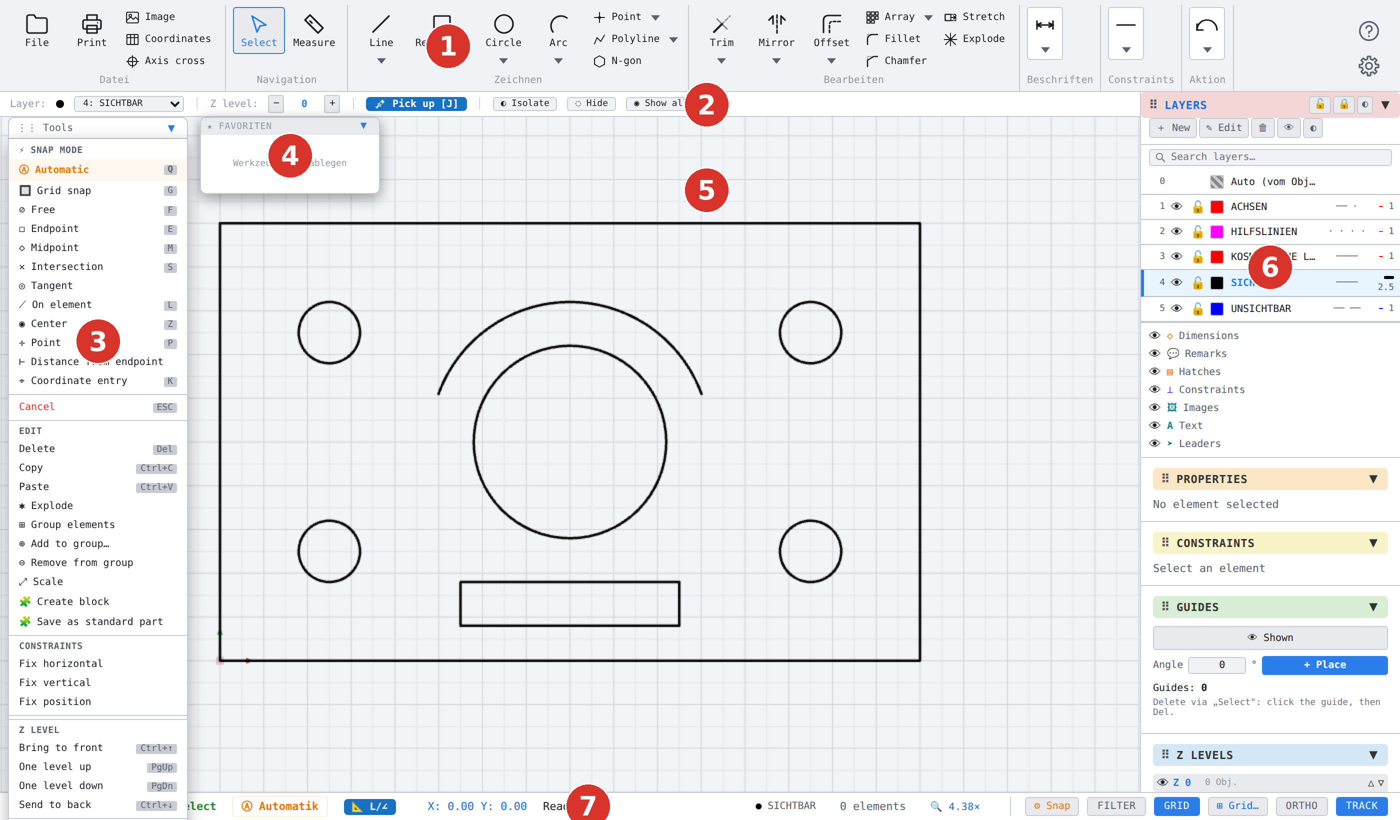 The seven areas of the program window