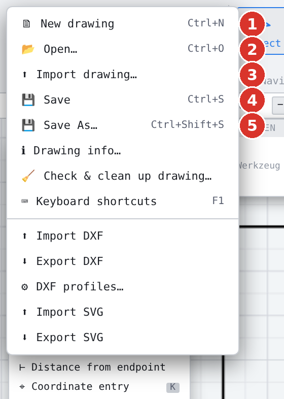 The file menu: (1) New drawing, (2) Open…, (3) Import drawing…, (4) Save, (5) Save As…