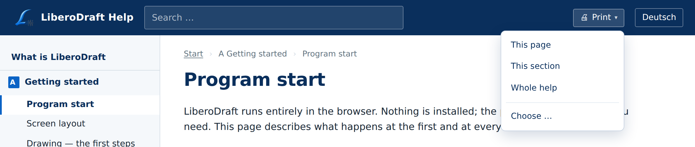 The “Print” button in the header of the help with the list opened