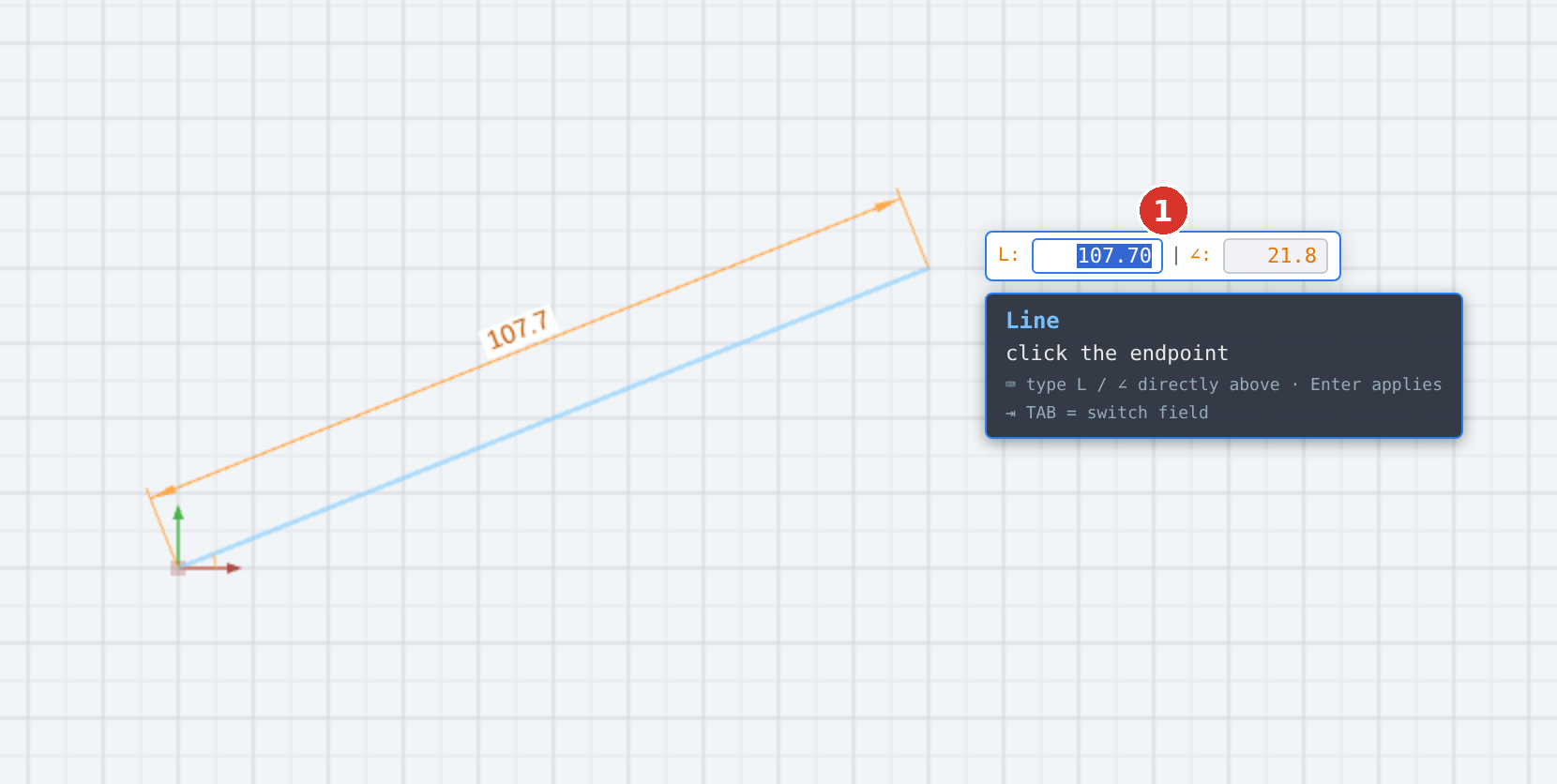 Line: start point set, the preview follows the mouse; (1) the flying input field with length and angle