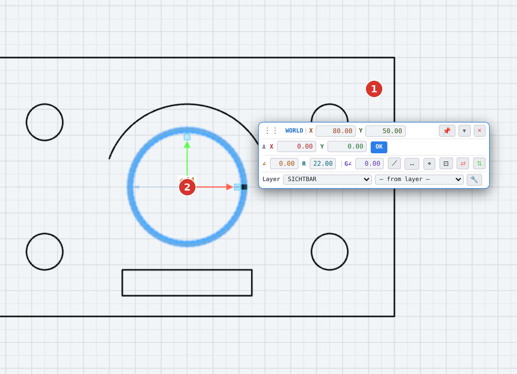 (1) gizmo window with the Δ fields, (2) gizmo