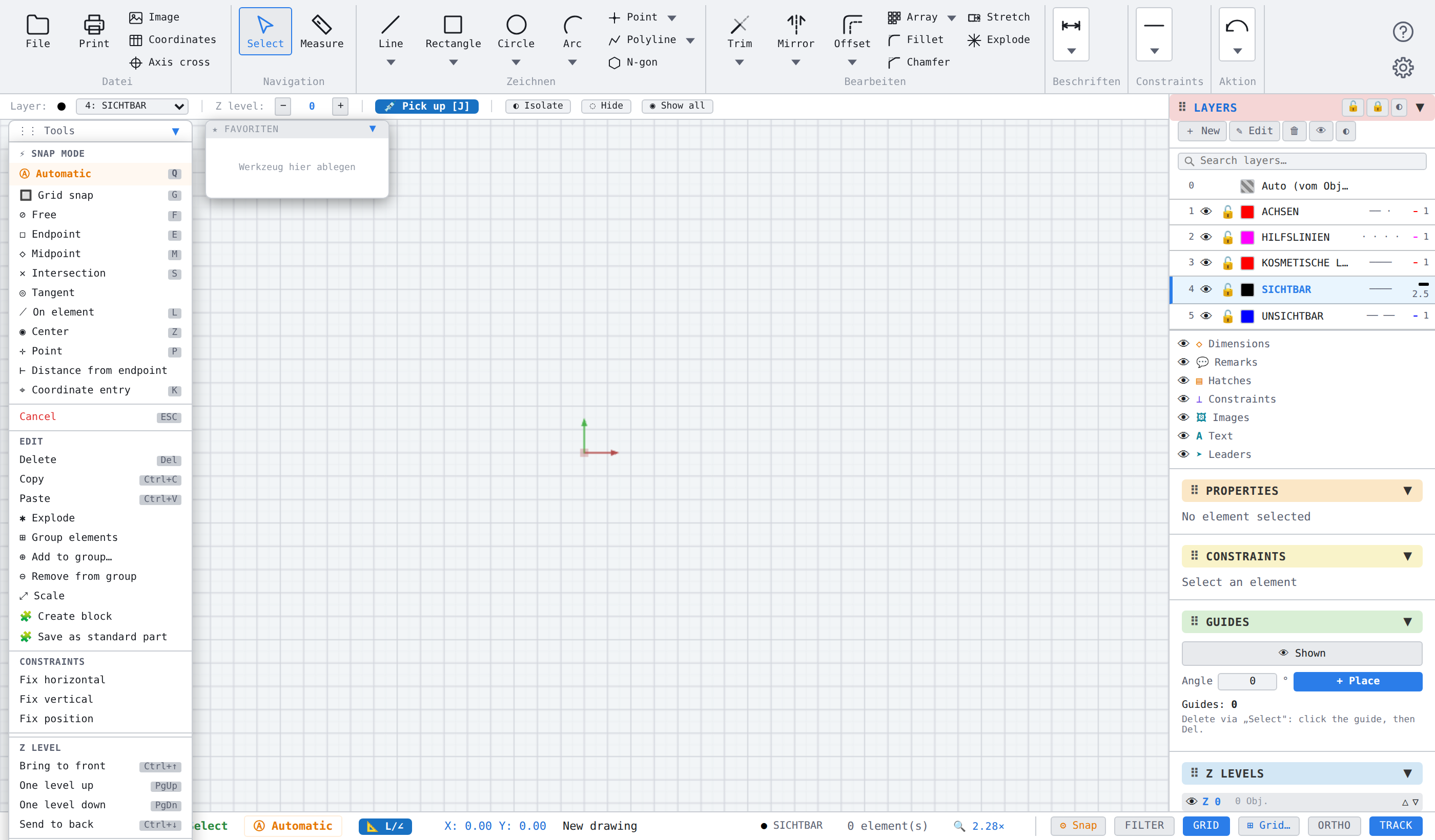 Empty drawing after the start: origin centred, tool «Select», snap «Automatic»