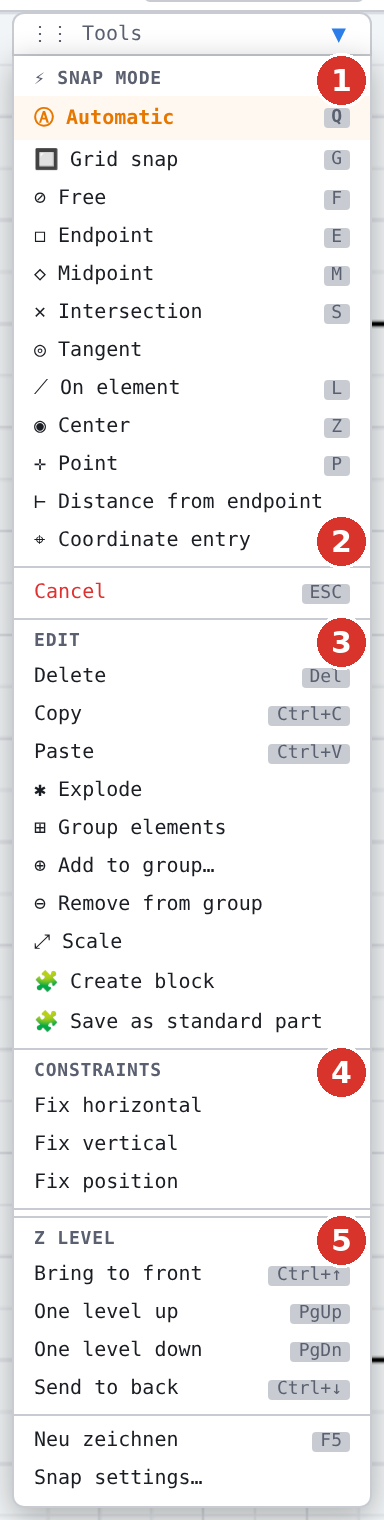 Tool window: (1) section «Snap mode»