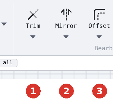 Ribbon, group «Modify»: (1) Trim, (2) Mirror, (3) Offset — each with a triangle —, (4) Array, (5) Fillet, (6) Chamfer, (7) Stretch, (8) Explode — left half