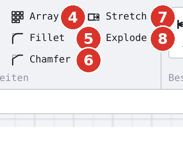 Ribbon, group «Modify»: (1) Trim, (2) Mirror, (3) Offset — each with a triangle —, (4) Array, (5) Fillet, (6) Chamfer, (7) Stretch, (8) Explode — right half