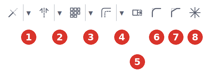 Classic toolbar, group «Edit»: (1) Trim, (2) Mirror, (3) Array, (4) Offset with drop-down triangles, (5) Stretch, (6) Fillet, (7) Chamfer, (8) Explode