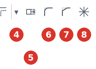 Classic toolbar, group «Edit»: (1) Trim, (2) Mirror, (3) Array, (4) Offset with drop-down triangles, (5) Stretch, (6) Fillet, (7) Chamfer, (8) Explode — right half