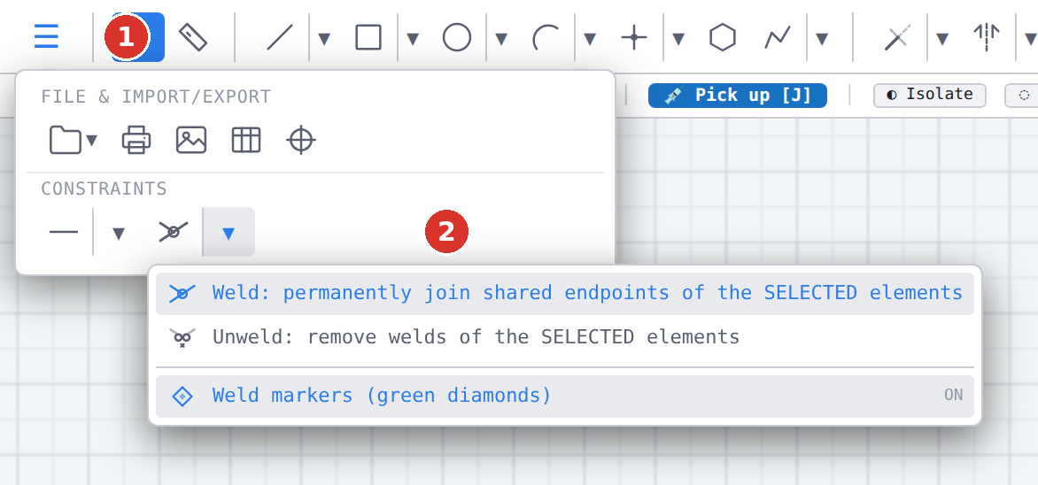Overflow menu «☰» (1) with the group «Constraints»; the triangle (2) opens Weld, Unweld and the marker switch