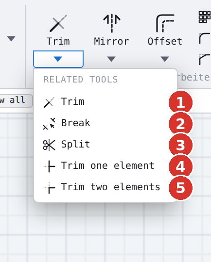 Family «Trim»: (1) Trim, (2) Break, (3) Split, (4) Trim one element, (5) Trim two elements