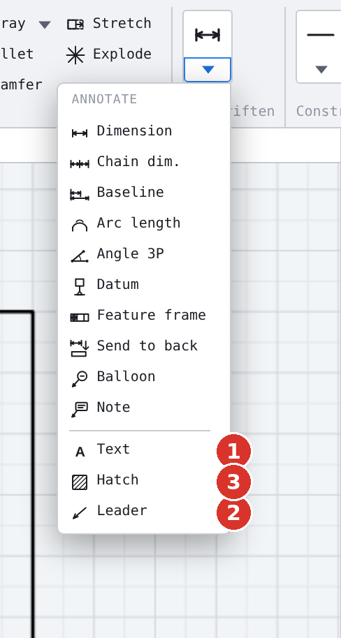 Ribbon, group “Annotate” expanded: (1) Text