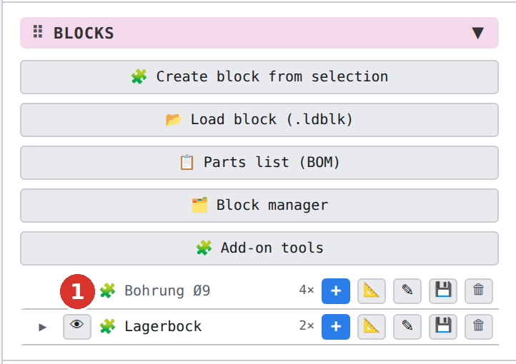 Hidden definition in the section «Blocks»: (1) the crossed-out eye