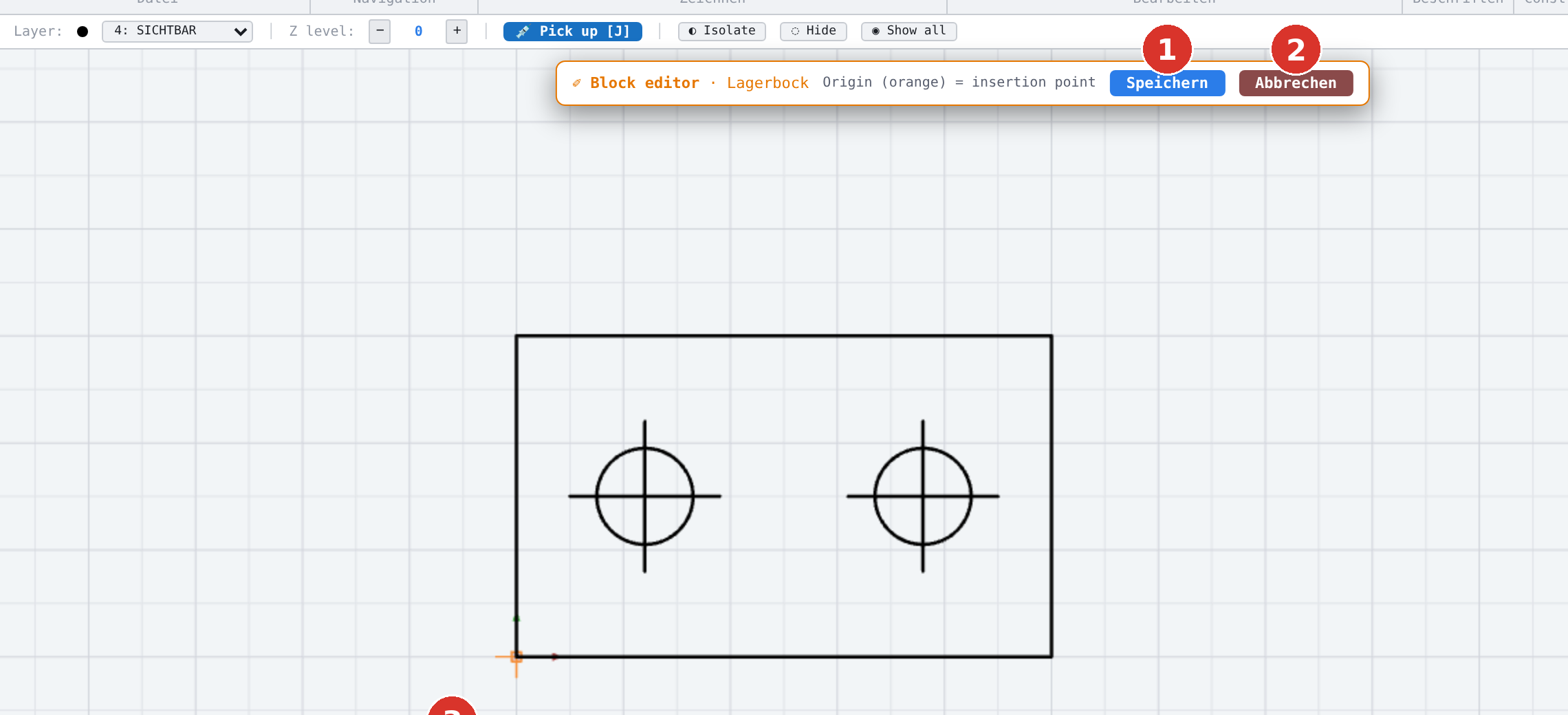 Block editor: banner with (1) «Save» and (2) «Cancel»; (3) the origin is the insertion point