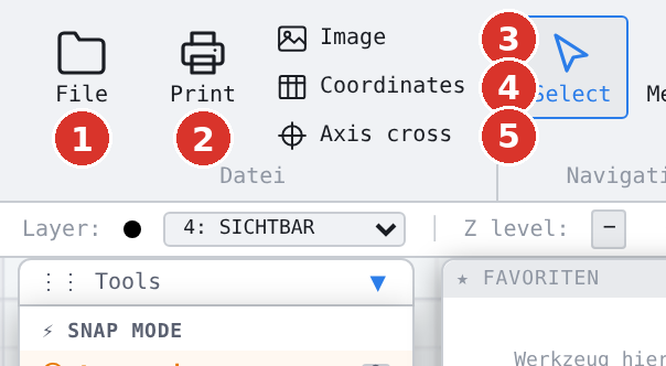 Ribbon, group “File”: (1) File menu, (2) Print, (3) Insert image, (4) Coordinate table, (5) Insert axis cross