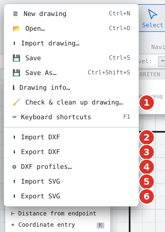 File menu: (1) Check & clean up drawing…, (2) Import DXF, (3) Export DXF, (4) DXF profiles…, (5) Import SVG, (6) Export SVG
