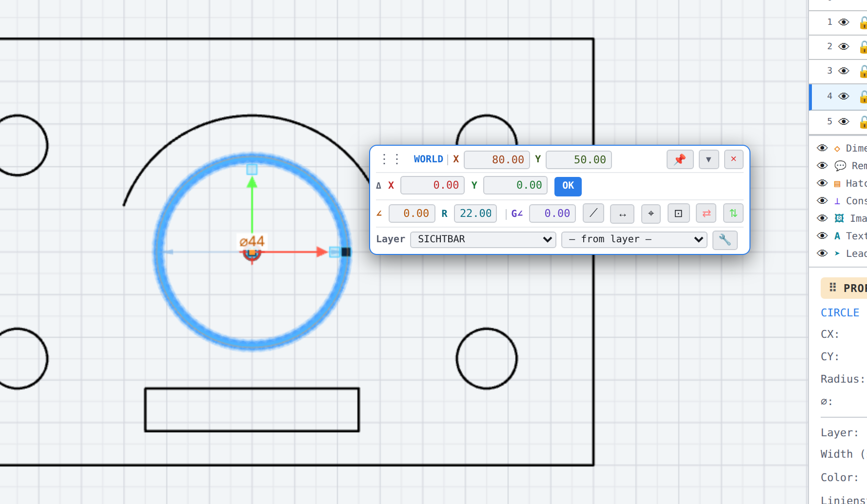 The gizmo at a selected circle with its value window
