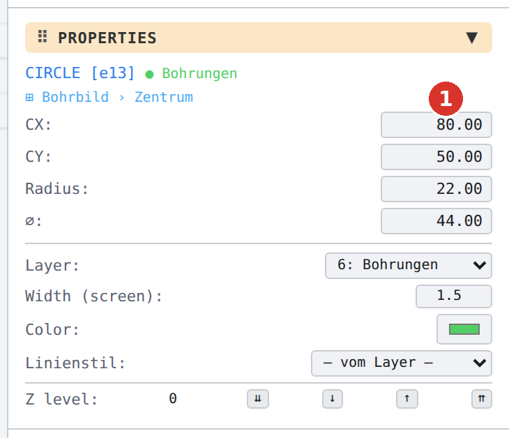 “Properties” panel with the group path (1)