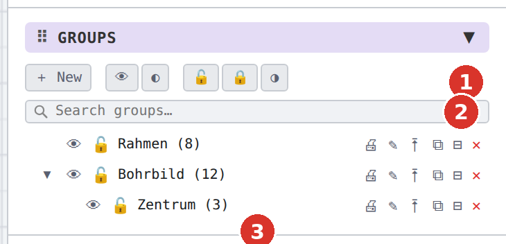 (1) toolbar, (2) live search, (3) tree