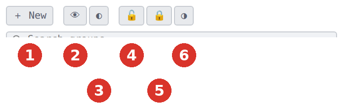 (1) new empty group, (2) show/hide all, (3) invert visibility, (4) unlock all, (5) lock all, (6) invert locking