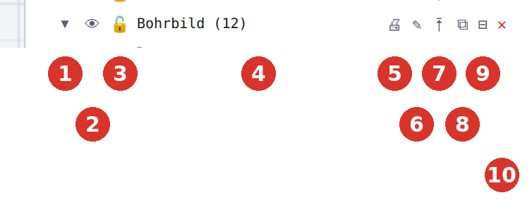 (1) fold triangle, (2) eye, (3) lock, (4) name with count, (5) print, (6) rename, (7) move into group, (8) copy, (9) dissolve grouping, (10) delete group and elements
