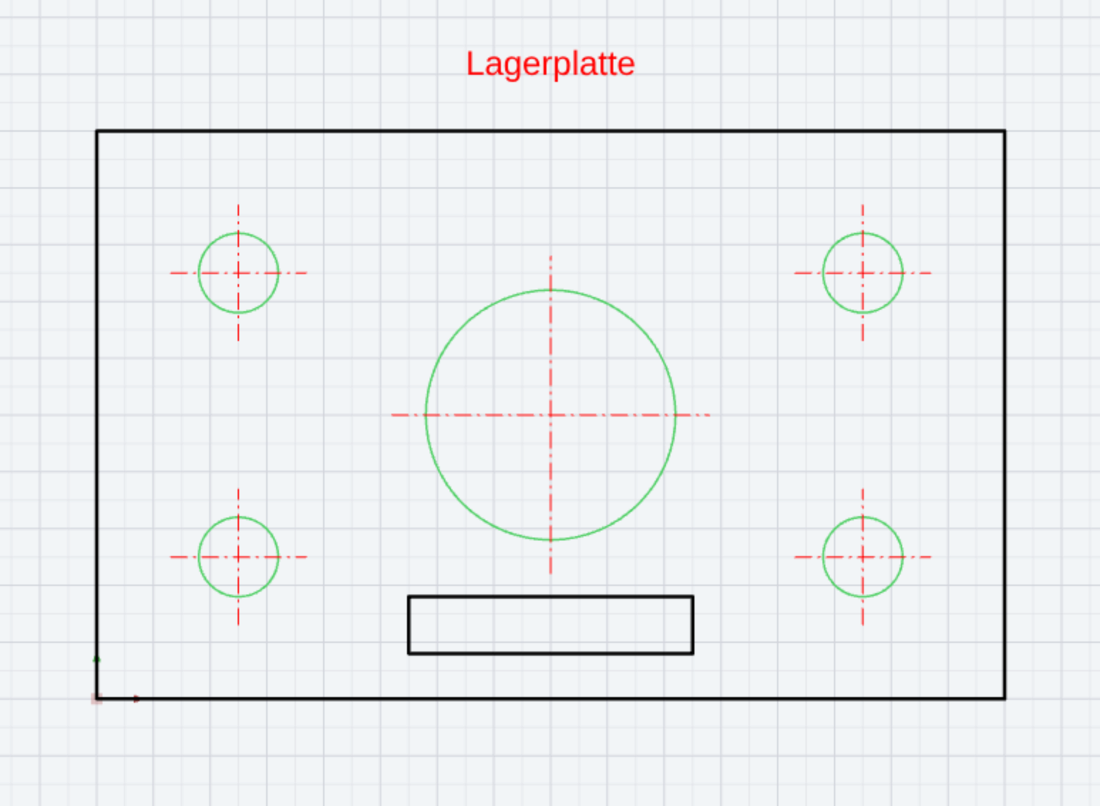 Bearing plate on the layers “SICHTBAR” (contour), “ACHSEN” (red, dash-dot), “Bohrungen” (green, user-made) and “KOSMETISCHE LINIE” (text)