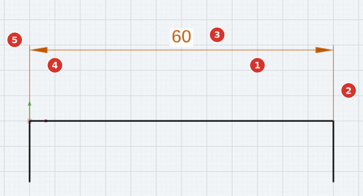 The parts of a dimension: (1) dimension line with (4) arrowheads, (2) extension lines with (5) overshoot, (3) dimension text