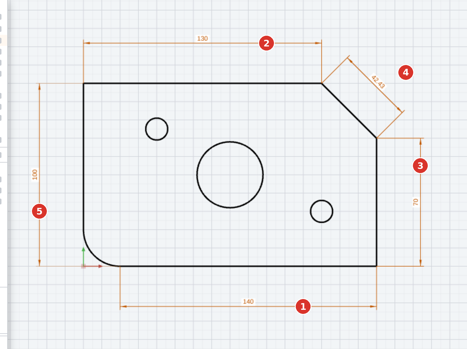 Lengths and distances: (1) linear dimension on an element, (2) horizontal, (3) vertical and (4) aligned point-to-point dimension, (5) distance between two parallel lines