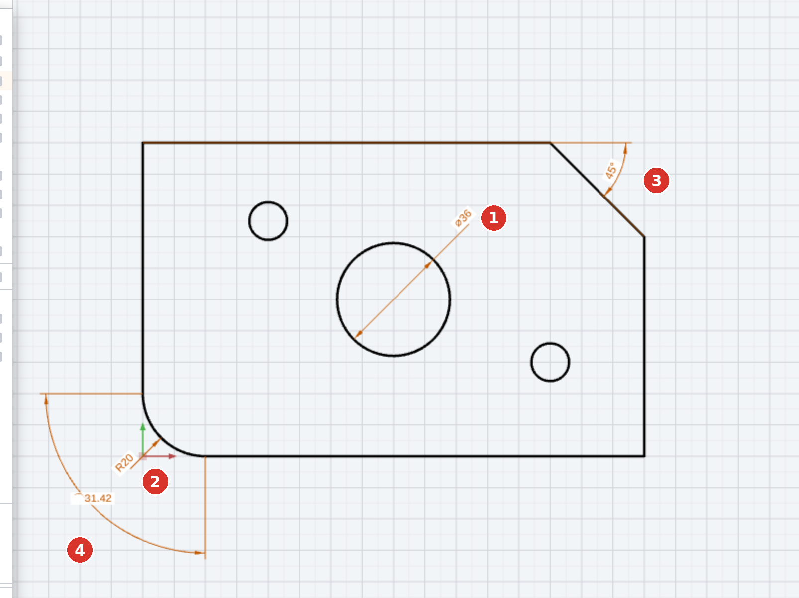 Round shapes and angles: (1) diameter, (2) radius, (3) angle between chamfer and top edge, (4) arc length of the corner radius