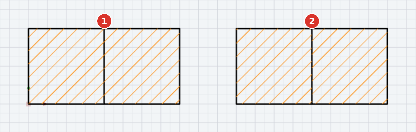 (1) Same origin: seamless. (2) The right-hand hatch has its own origin and is offset.