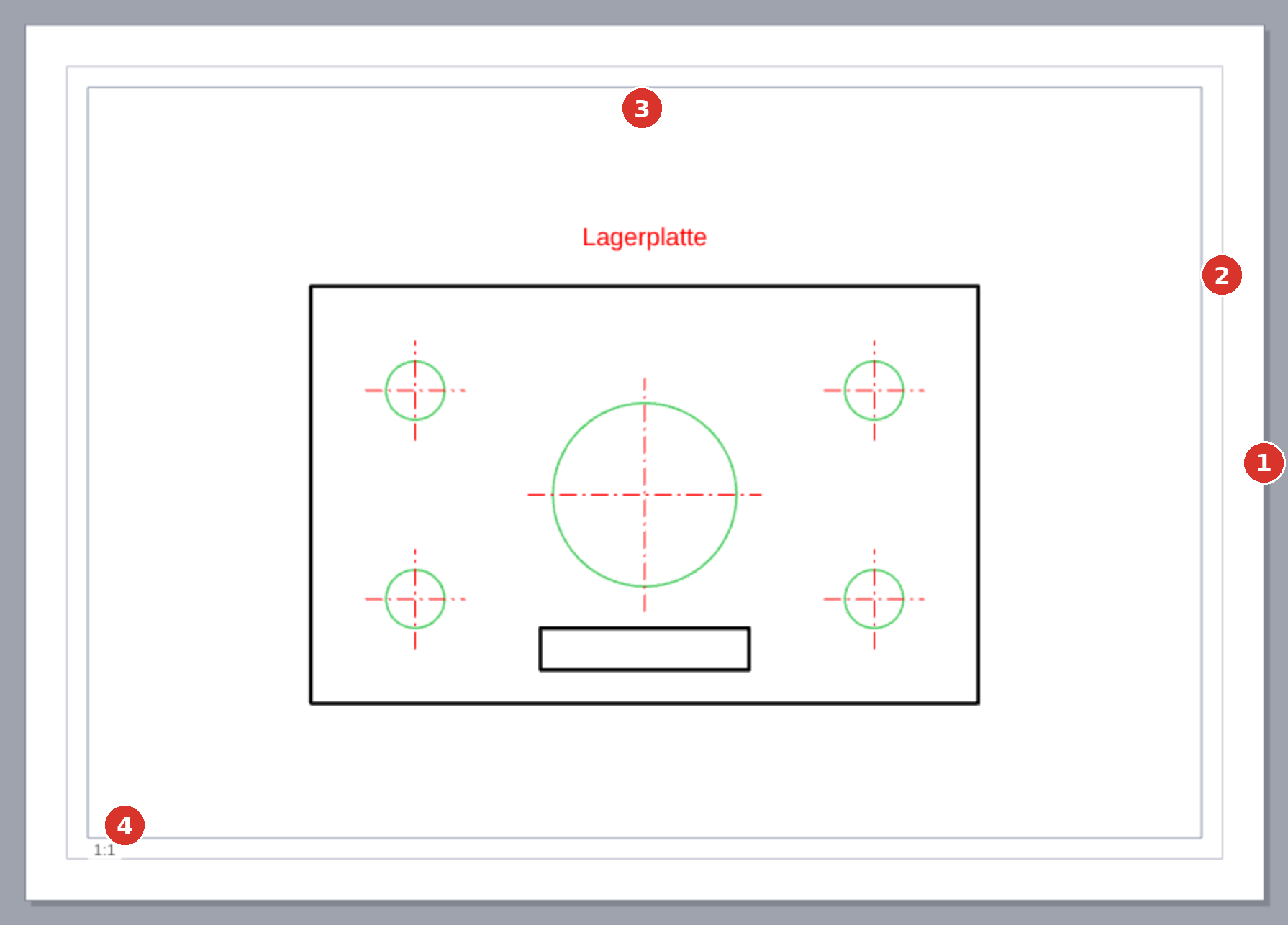 The fresh sheet: (1) sheet edge, (2) print margin, (3) viewport, (4) scale label