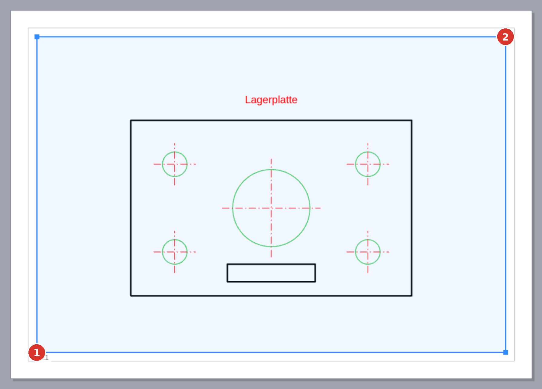 Selected viewport: blue frame, (1) and (2) two of the four corner grips