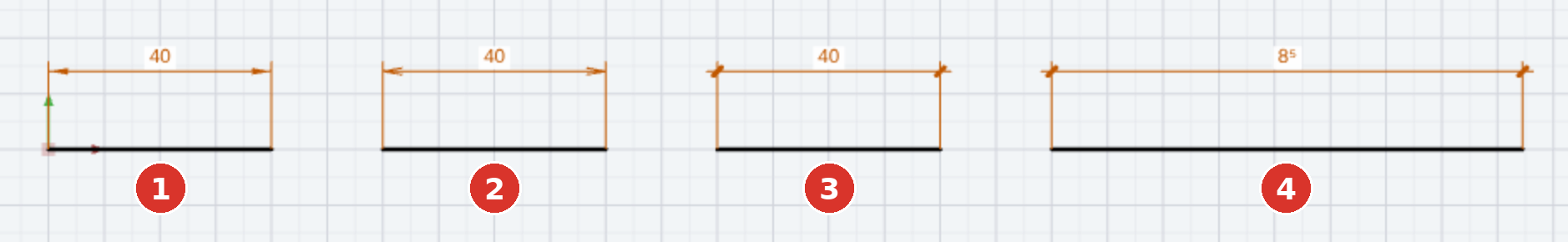Arrow styles and units: (1) closed filled triangle (factory), (2) open triangle, (3) 45° slash per timber-construction standard, (4) building dimensioning m/cm — 85 mm become 8⁵