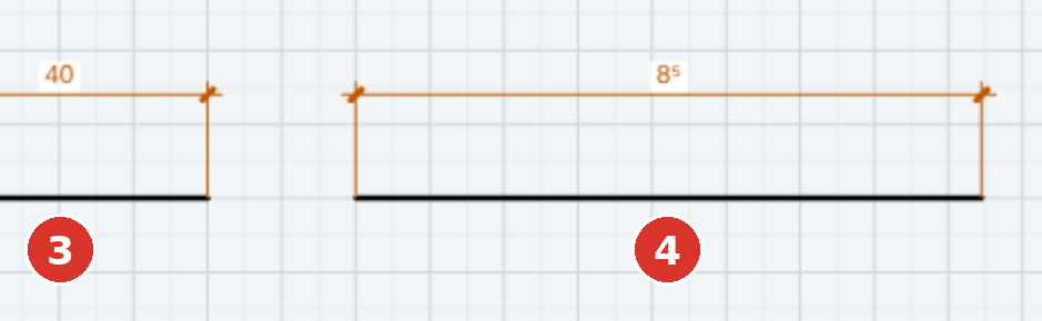 Arrow styles and units: (1) closed filled triangle (factory), (2) open triangle, (3) 45° slash per timber-construction standard, (4) building dimensioning m/cm — 85 mm become 8⁵ — right half