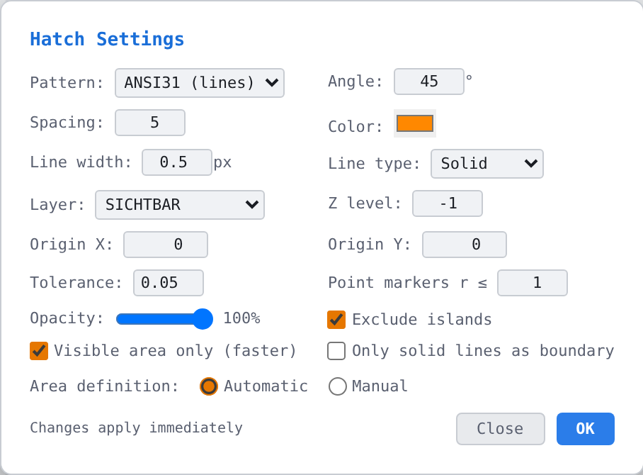 The «Hatch Settings» dialog with the factory settings