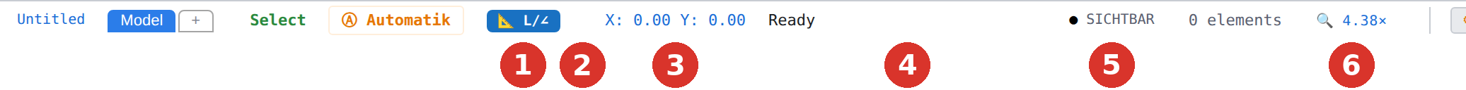 Status bar, left: (1) coordinate mode, (2) snap mode, (3) pointer coordinates, (4) message, (5) active layer, (6) zoom