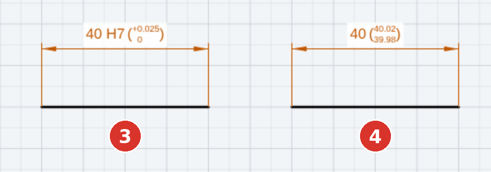 Tolerance kinds: (1) symmetric ±, (2) upper and lower deviation, (3) class with deviations in parentheses, (4) limit dimensions in parentheses — right half