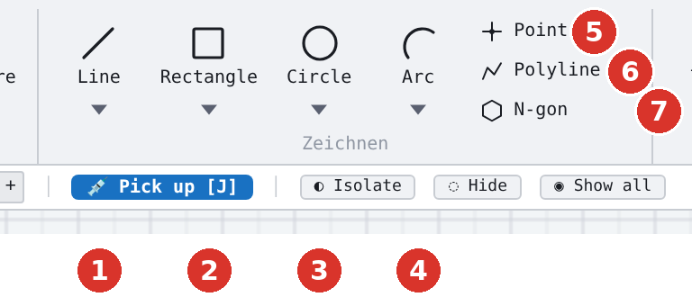 Ribbon, group «Draw»: the split buttons (1) Line, (2) Rectangle, (3) Circle, (4) Arc as well as (5) Point, (6) Polyline, (7) Polygon
